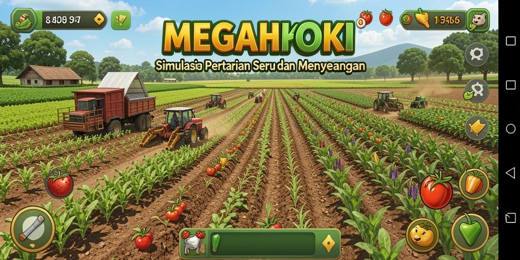 Tangkapan layar game MEGAHOKI menampilkan aktivitas bertani yang menyenangkan.