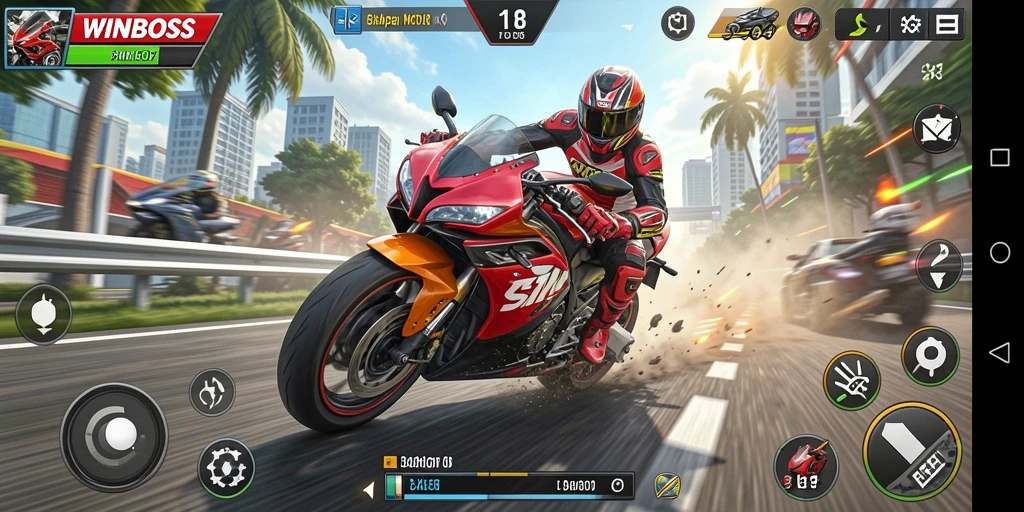 Tampilan gameplay seru dari WINBOSS saat balapan motor.